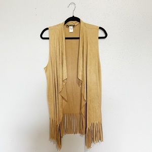 Boho Fringe Vest Camel Water Fall Front Size L